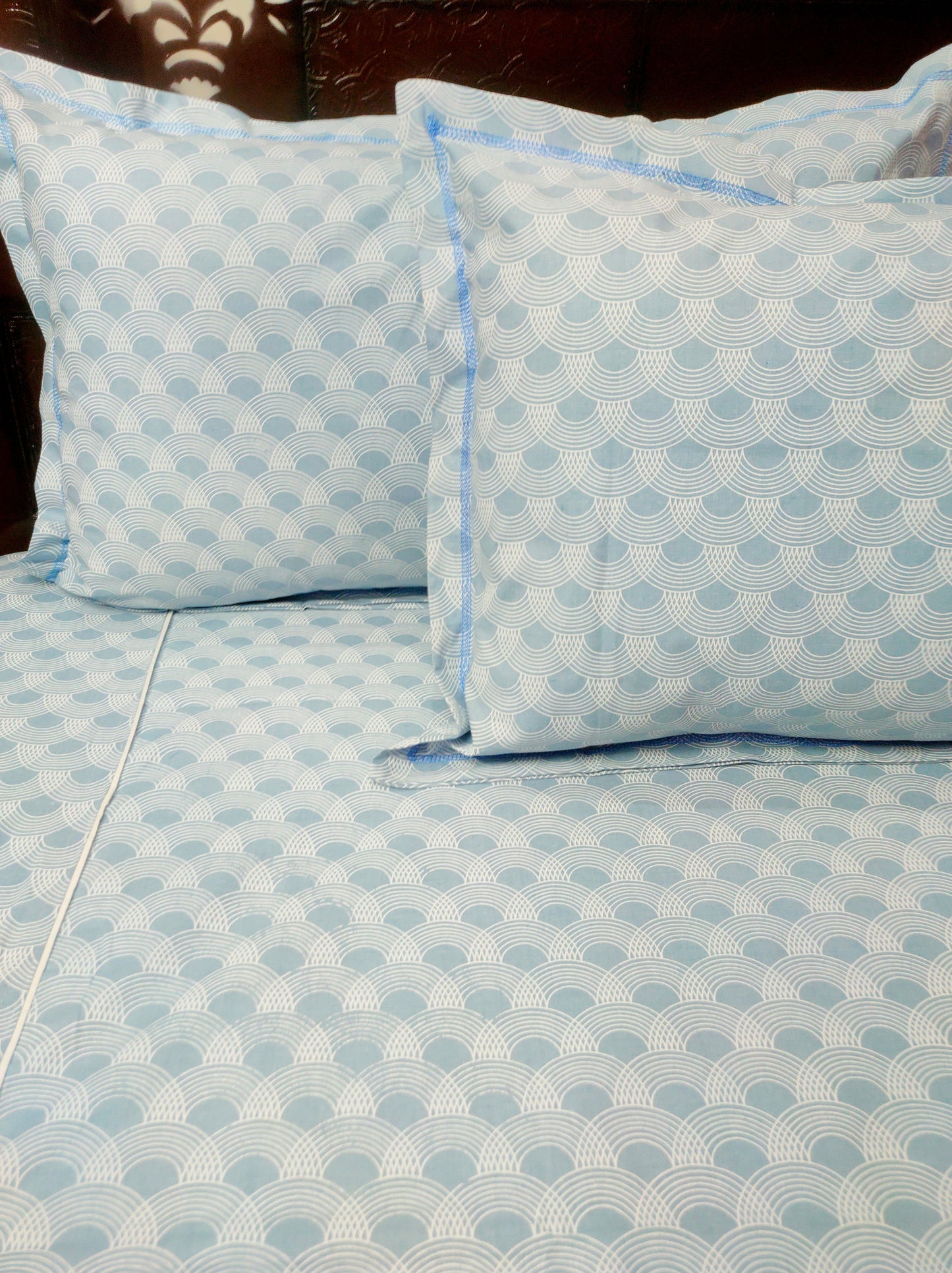 White Marble Pure Cotton Double Bedsheet King Size - Blue
