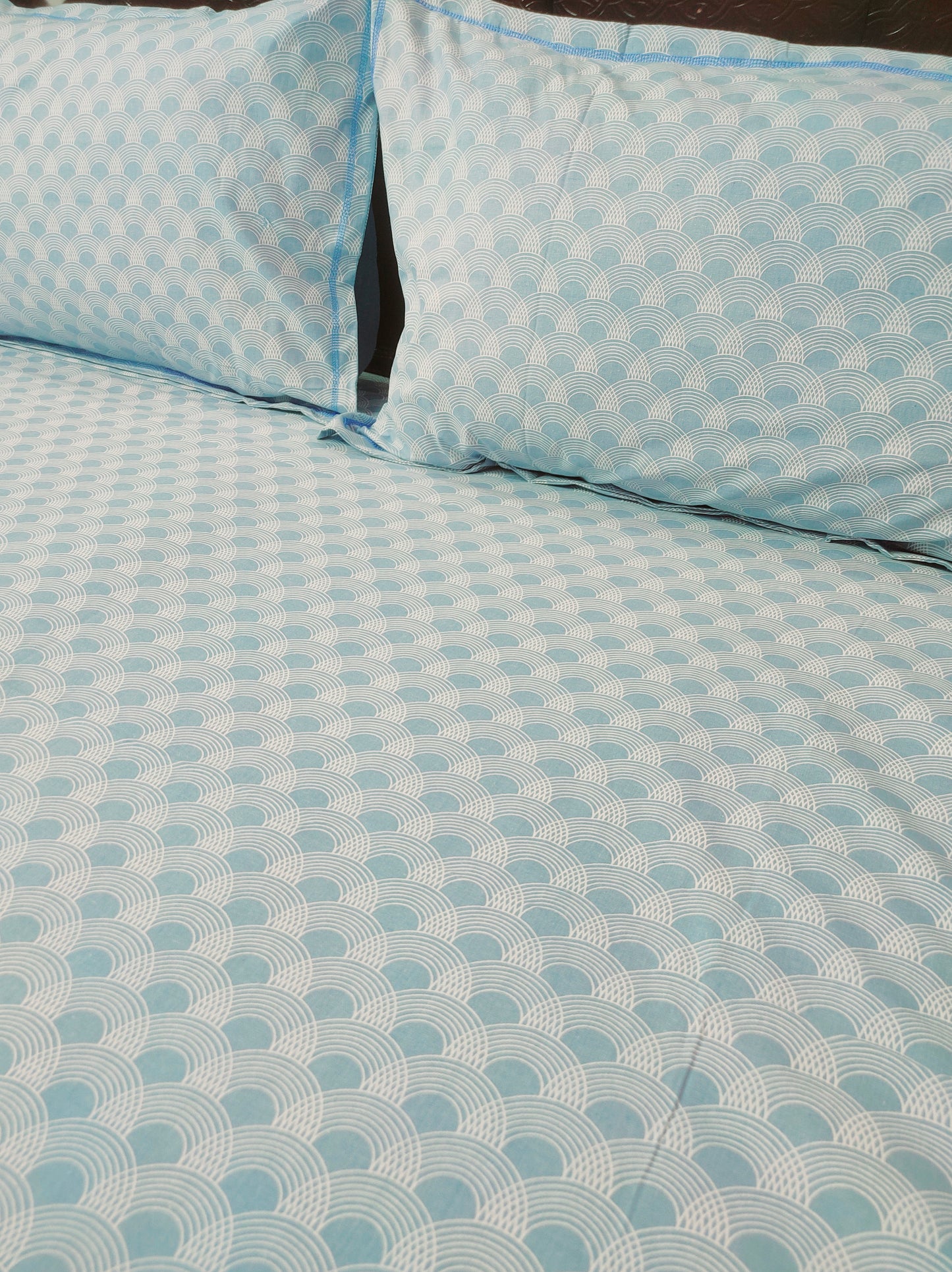 White Marble Pure Cotton Double Bedsheet King Size - Blue