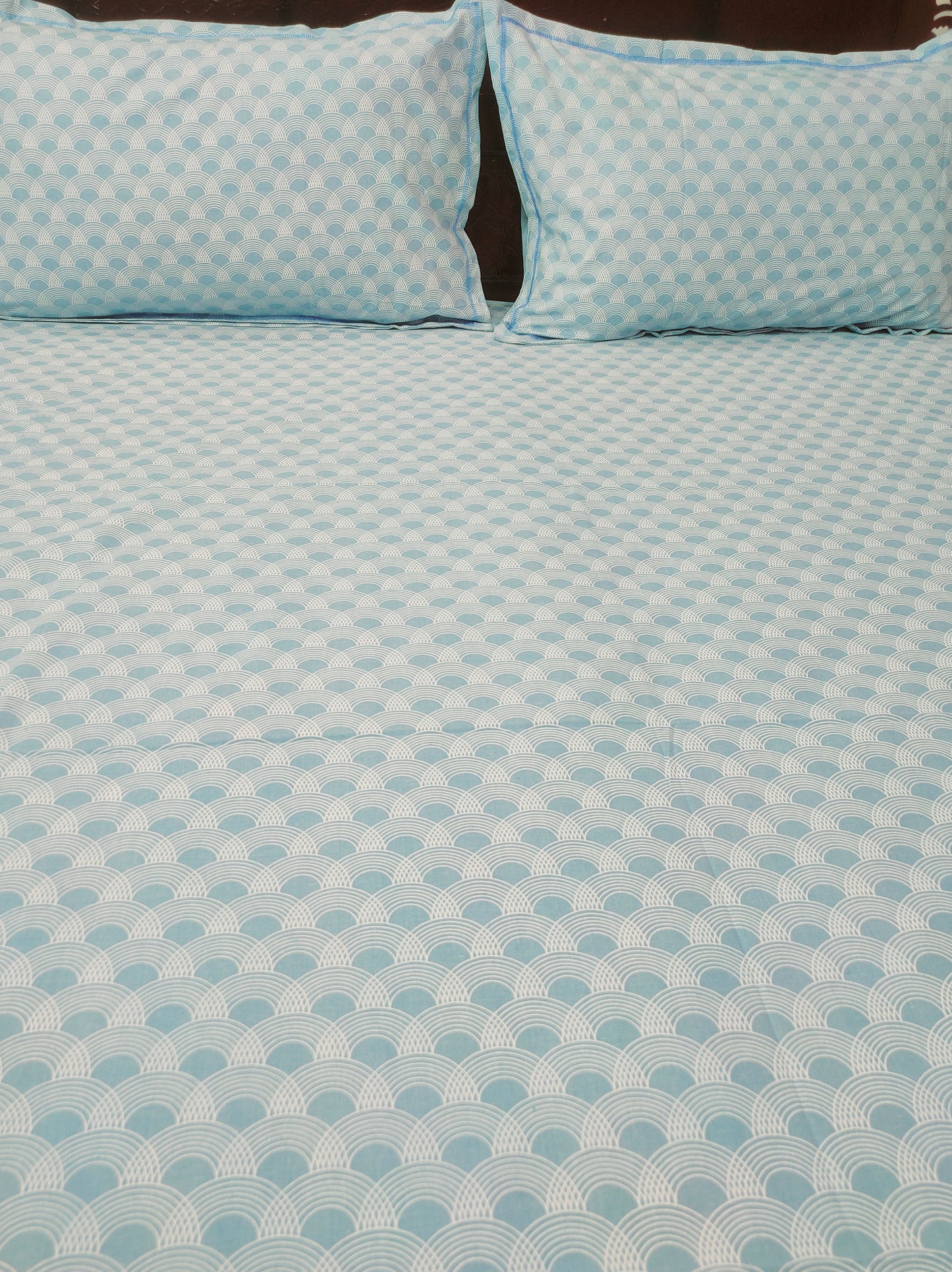White Marble Pure Cotton Double Bedsheet King Size - Blue