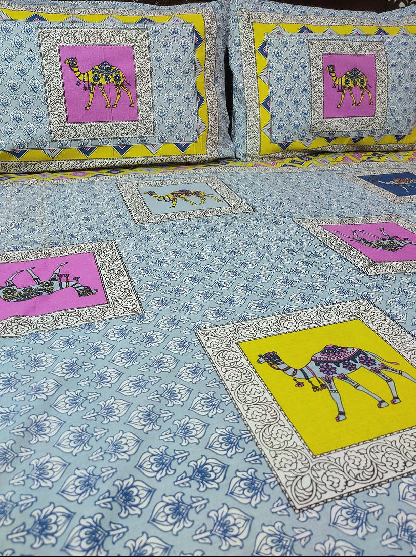 Palace Gold Camel Print Pure Cotton Double Bedsheet - Grey