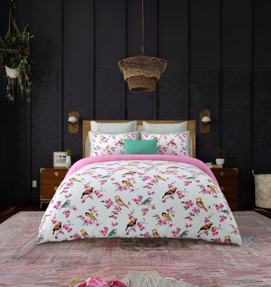 Spring Beauty Pure Twill Cotton Ling Size double Bedsheet - yellow Robin Print