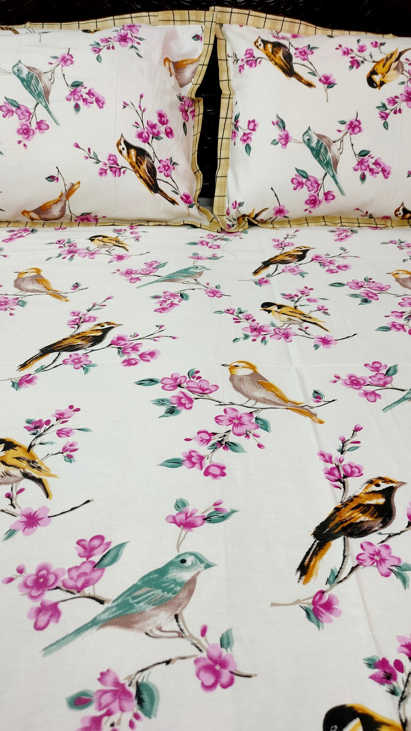 Spring Beauty Pure Twill Cotton Ling Size double Bedsheet - yellow Robin Print