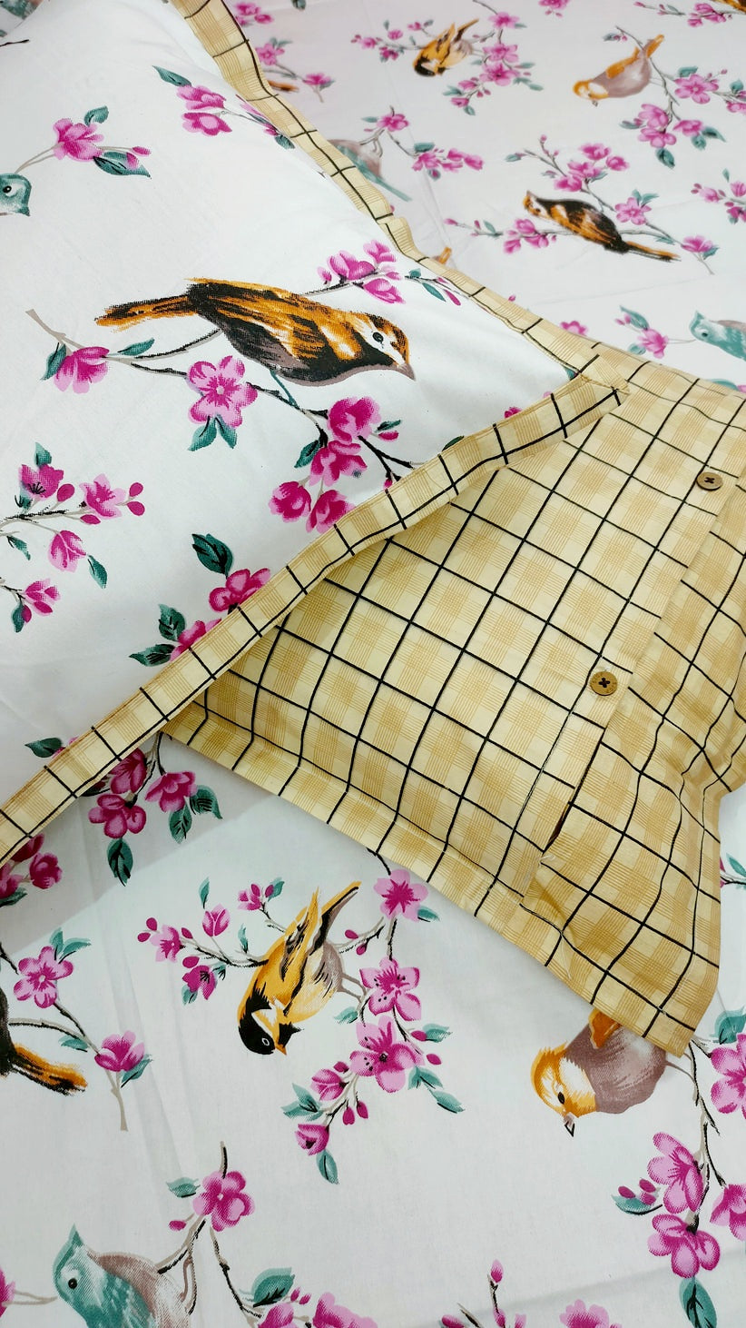 Spring Beauty Pure Twill Cotton Ling Size double Bedsheet - yellow Robin Print