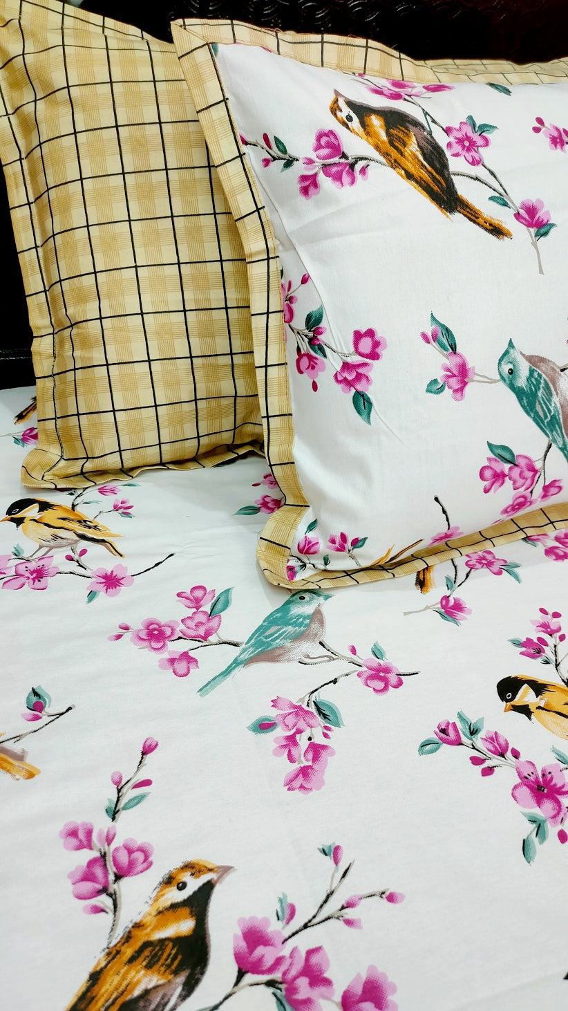 Spring Beauty Pure Twill Cotton Ling Size double Bedsheet - yellow Robin Print