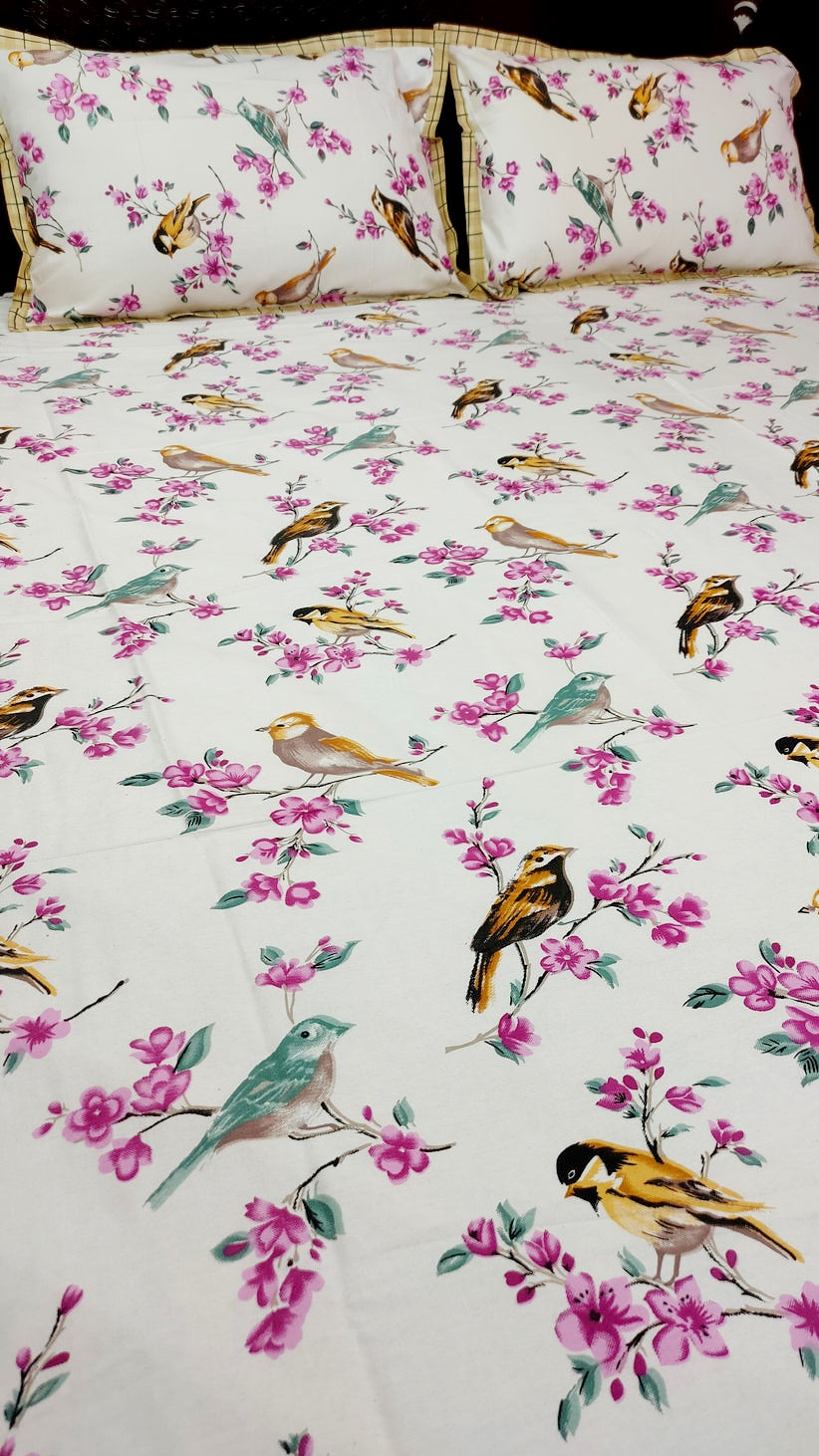 Spring Beauty Pure Twill Cotton Ling Size double Bedsheet - yellow Robin Print