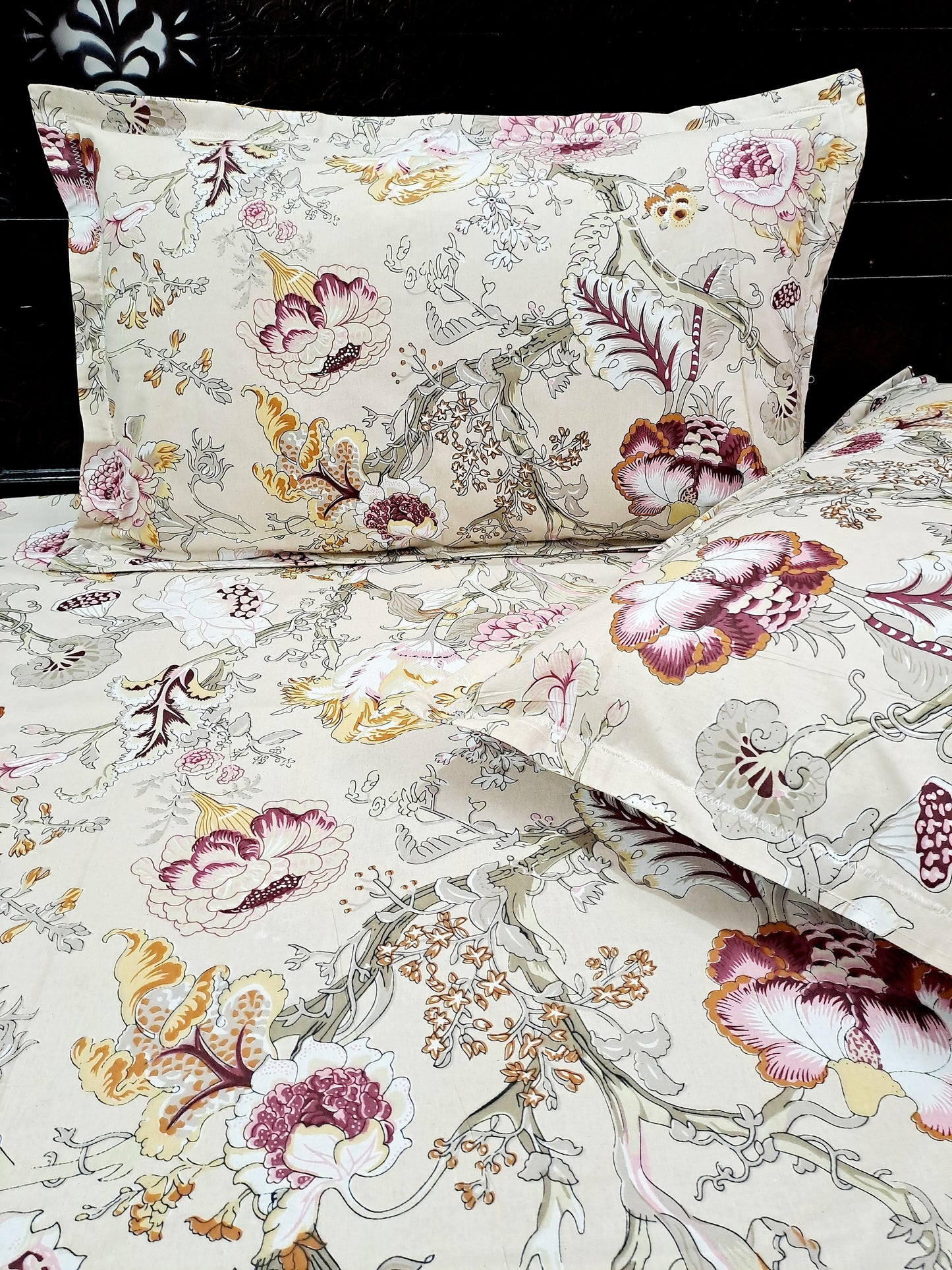 Rose garden pure cotton anokhi print double bedsheet - Off White