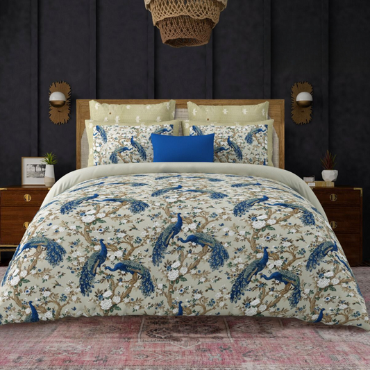 Spring Beauty 100% Cotton Twill Cotton Double Bedsheet King Size - Green Peacock Dance