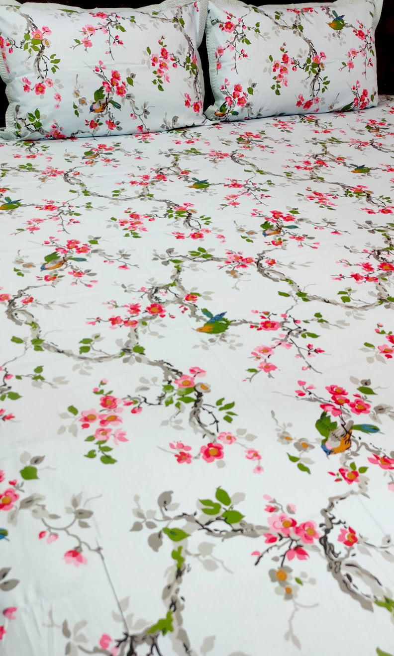 Spring Beauty 100% Cotton Twill Cotton Double Bedsheet King Size - Pink Floral Print