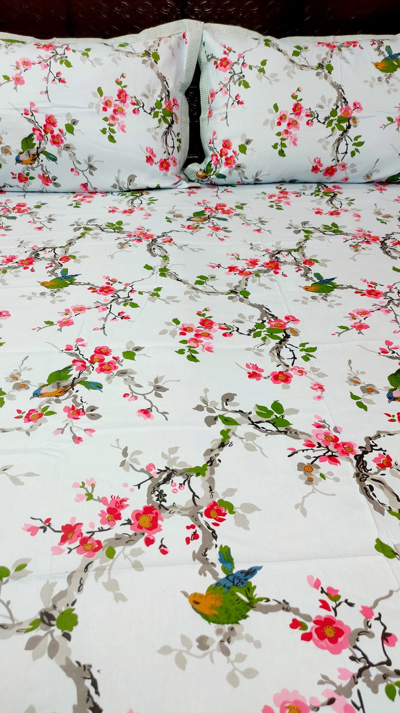 Spring Beauty 100% Cotton Twill Cotton Double Bedsheet King Size - Pink Floral Print