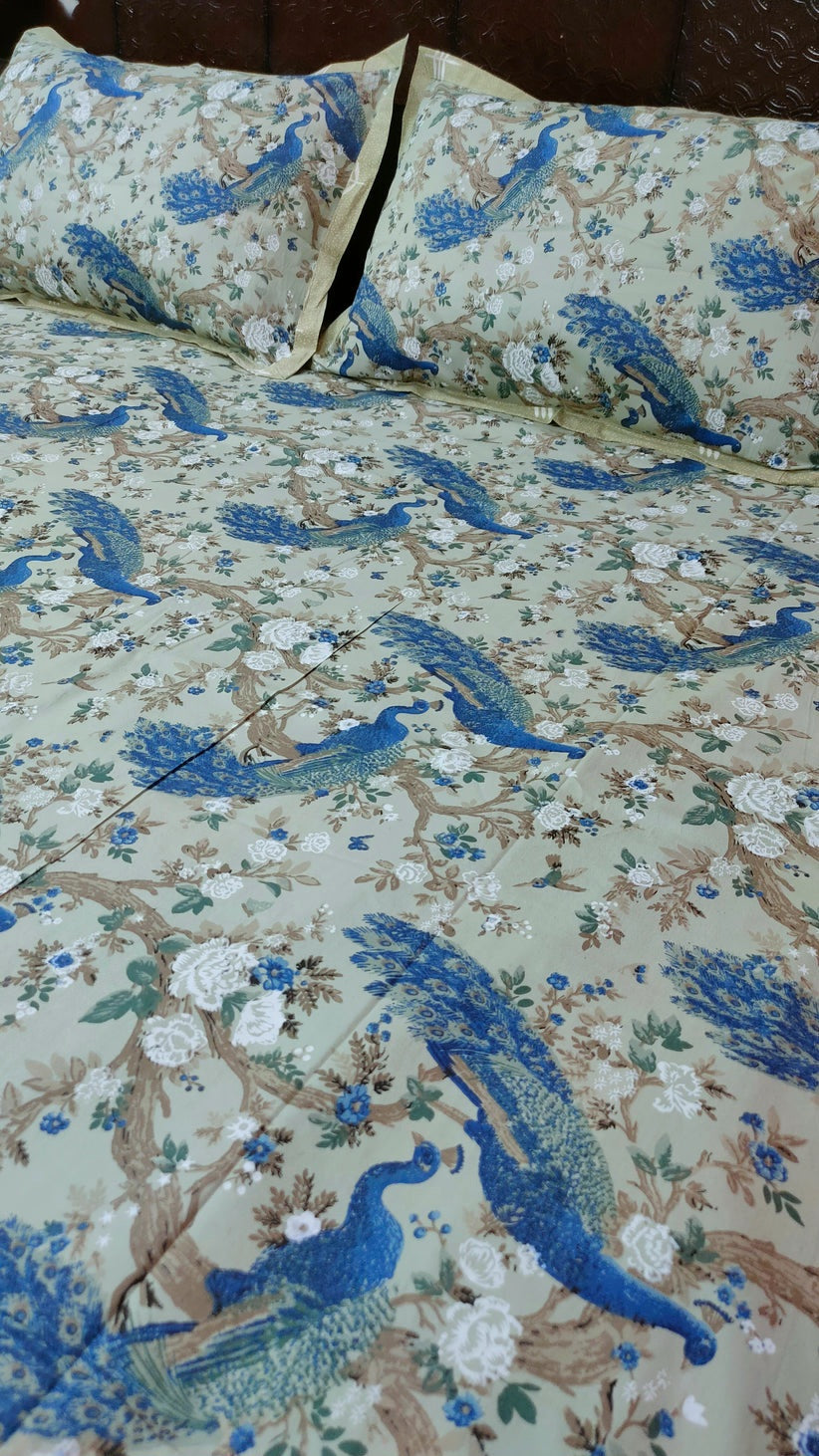 Spring Beauty 100% Cotton Twill Cotton Double Bedsheet King Size - Green Peacock Dance