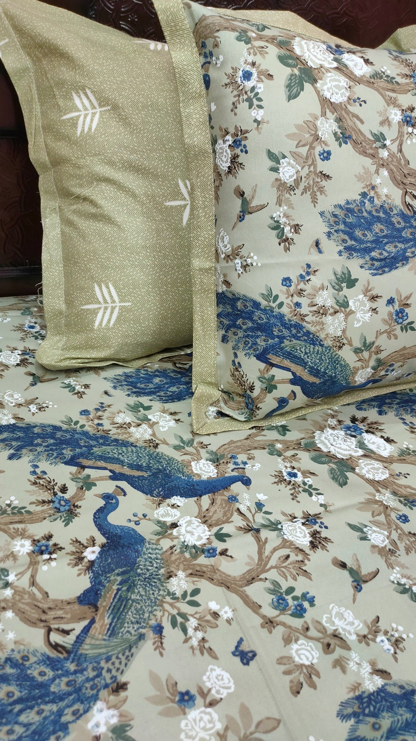 Spring Beauty 100% Cotton Twill Cotton Double Bedsheet King Size - Green Peacock Dance
