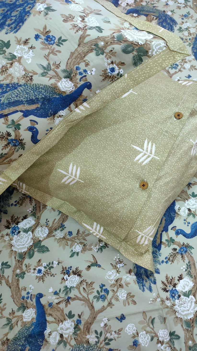 Spring Beauty 100% Cotton Twill Cotton Double Bedsheet King Size - Green Peacock Dance