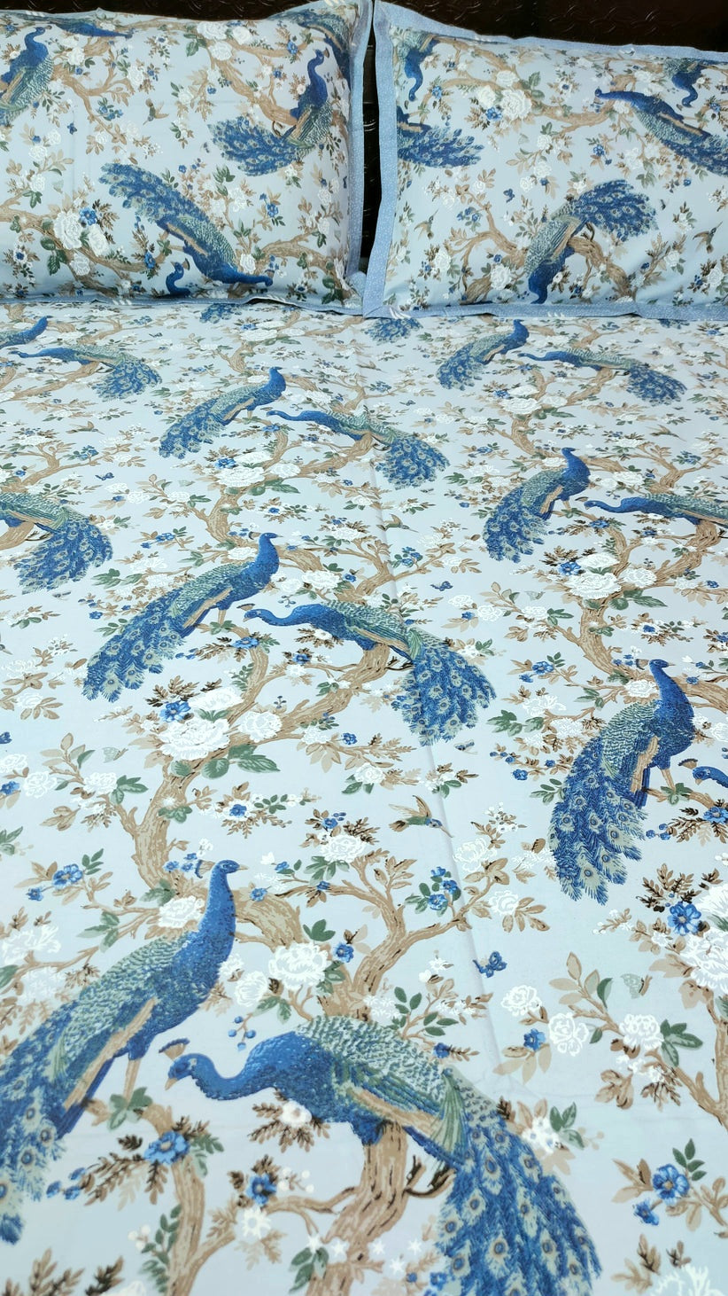 Spring Beauty 100% Cotton Twill Cotton Double Bedsheet King Size - Blue Peacock Dance