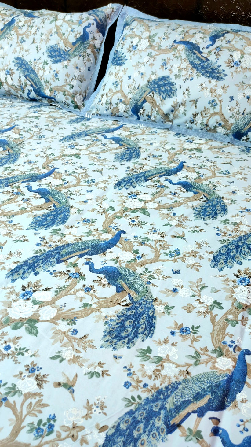 Spring Beauty 100% Cotton Twill Cotton Double Bedsheet King Size - Blue Peacock Dance