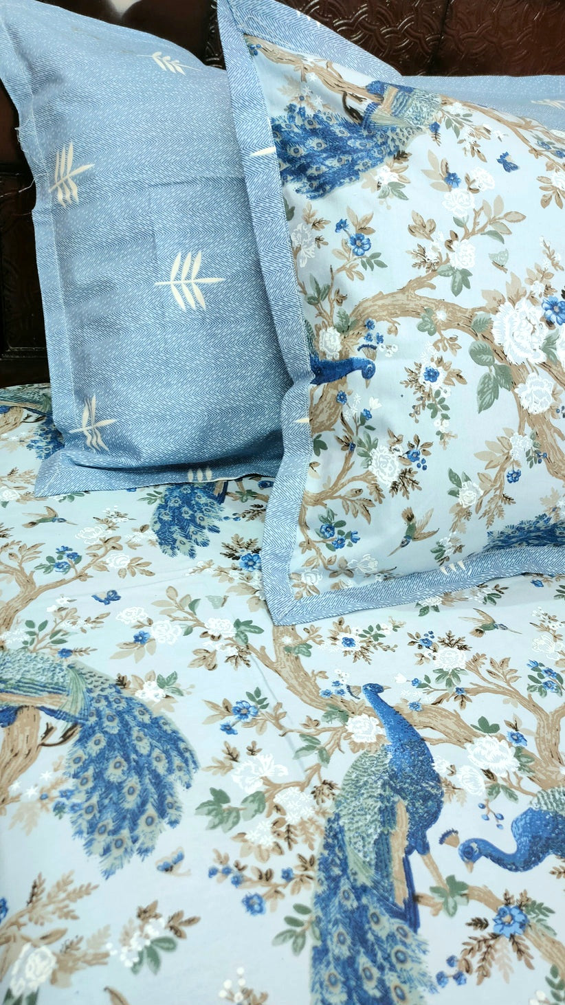Spring Beauty 100% Cotton Twill Cotton Double Bedsheet King Size - Blue Peacock Dance
