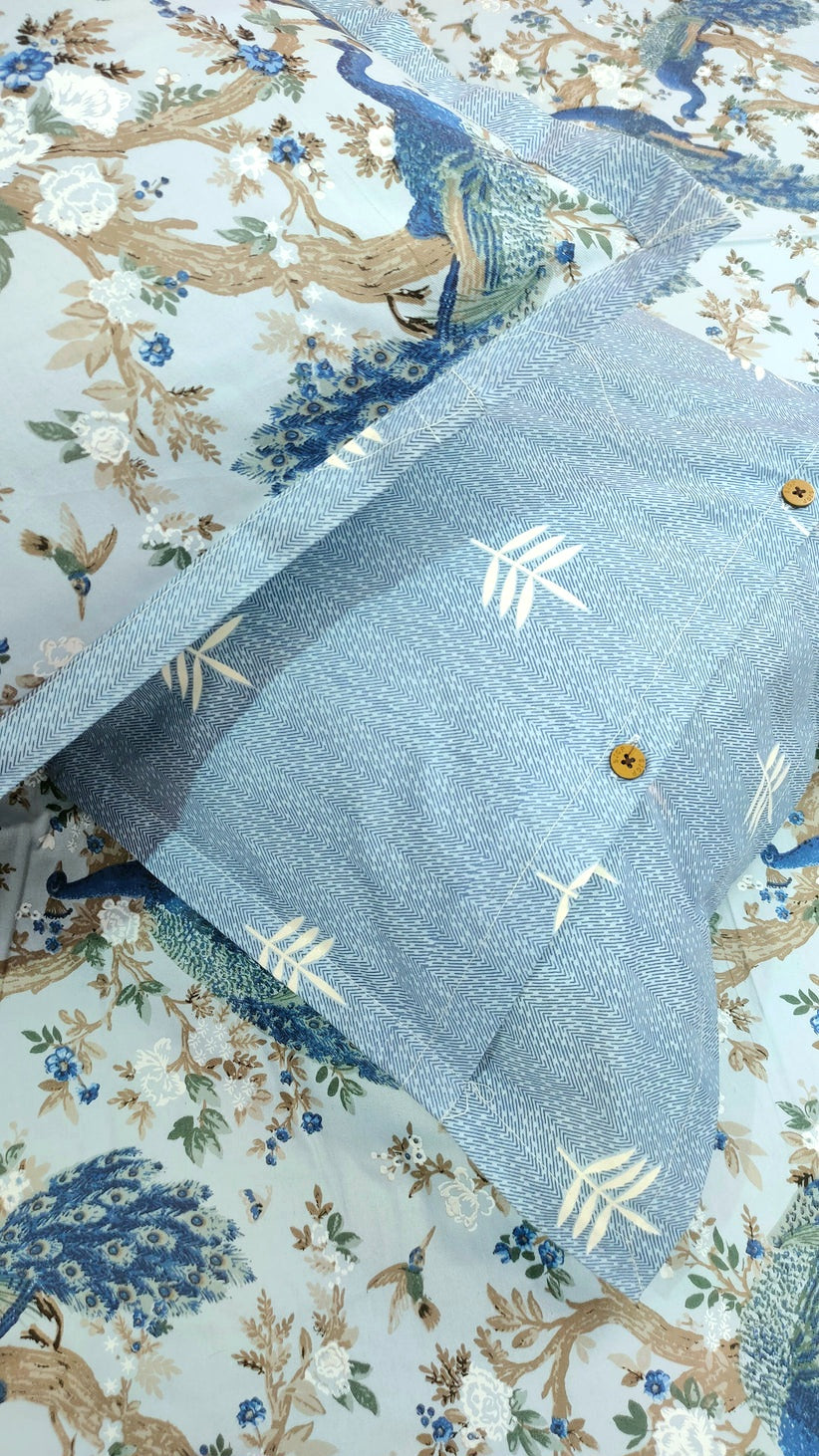 Spring Beauty 100% Cotton Twill Cotton Double Bedsheet King Size - Blue Peacock Dance