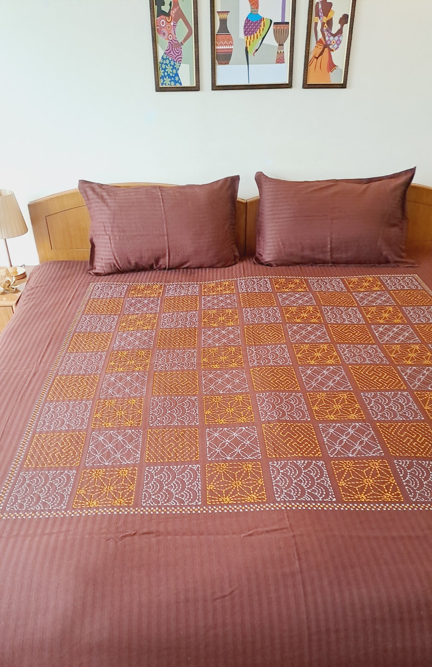 Hand Work Print Cotton Double Bedsheet King Size -Maroon
