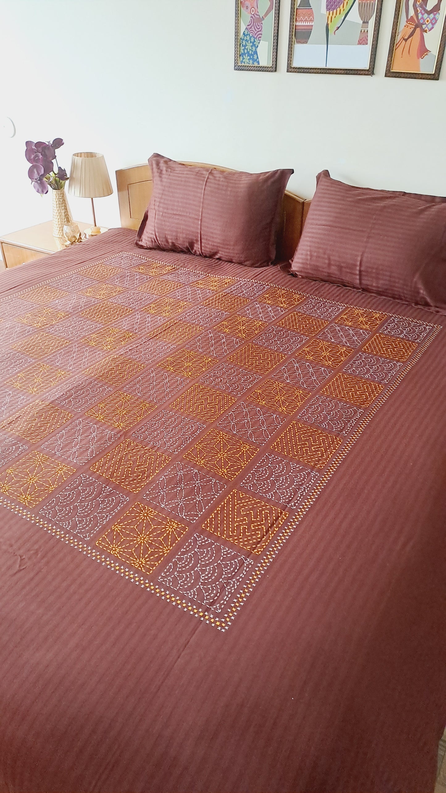 Hand Work Print Cotton Double Bedsheet King Size -Maroon