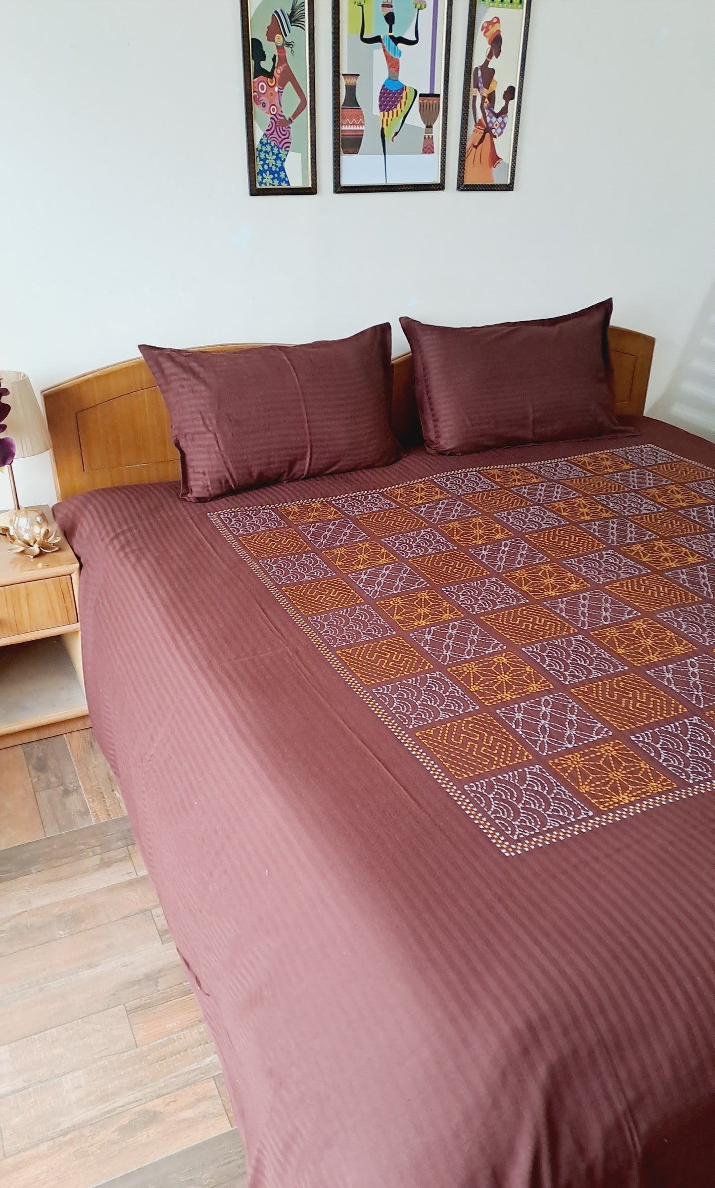 Hand Work Print Cotton Double Bedsheet King Size -Maroon