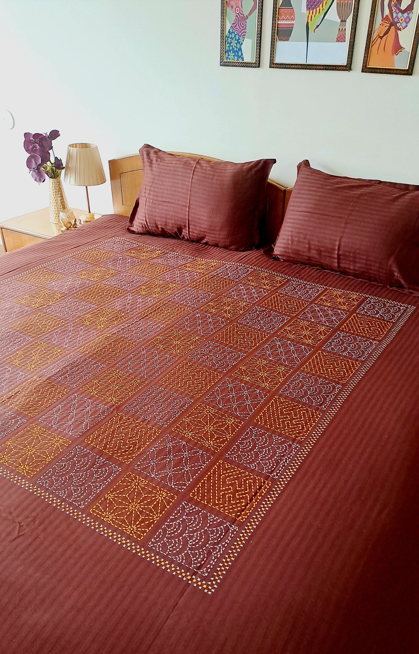 Hand Work Print Cotton Double Bedsheet King Size -Maroon