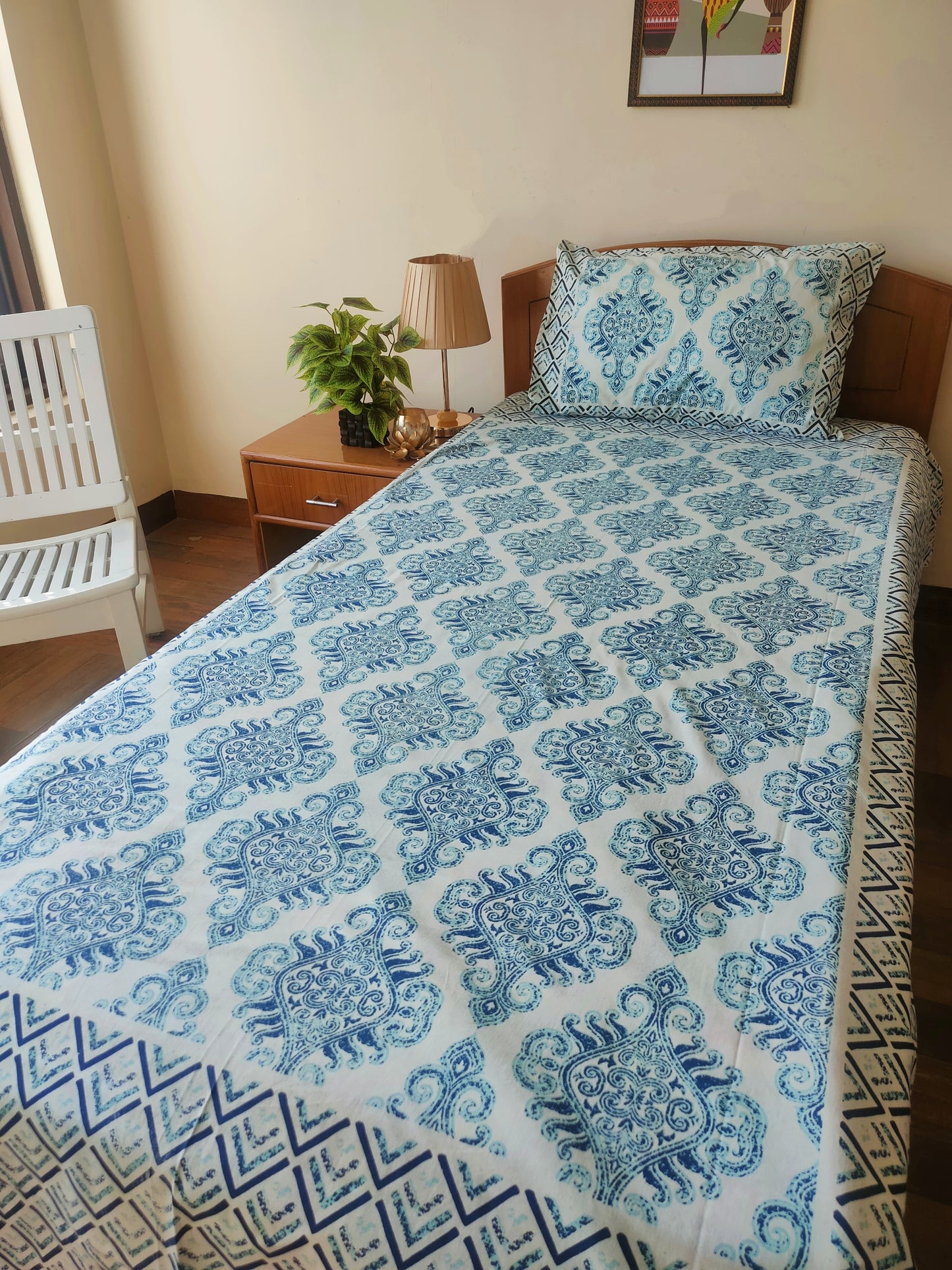 Blue Ornament Pure Cotton Single Bedsheet