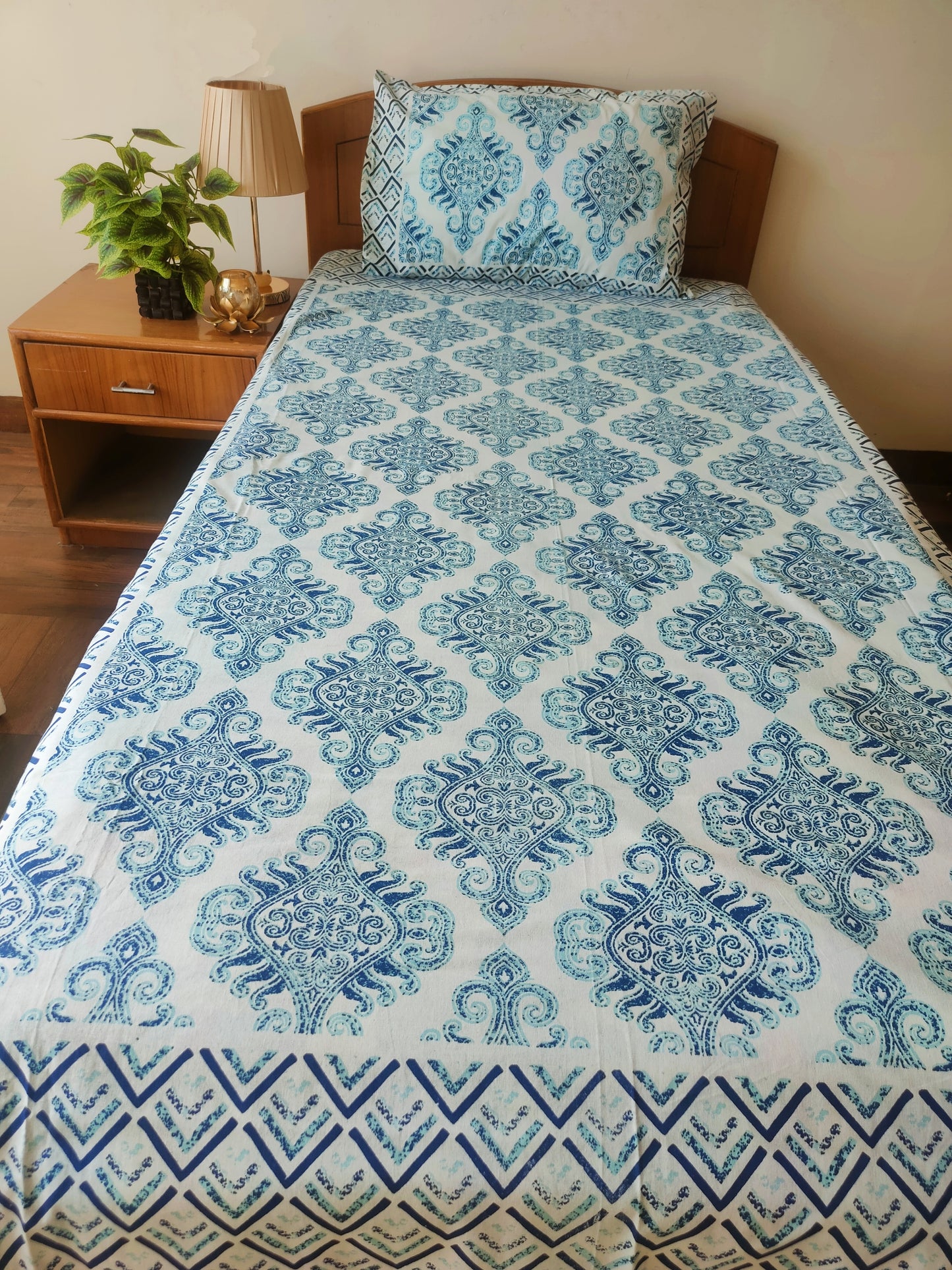 Blue Ornament Pure Cotton Single Bedsheet