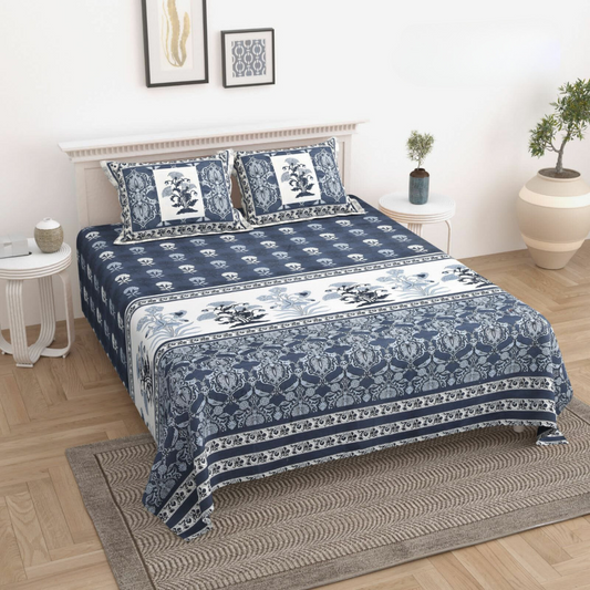 Ruhi Pure Cotton Double Bedsheet - Blue