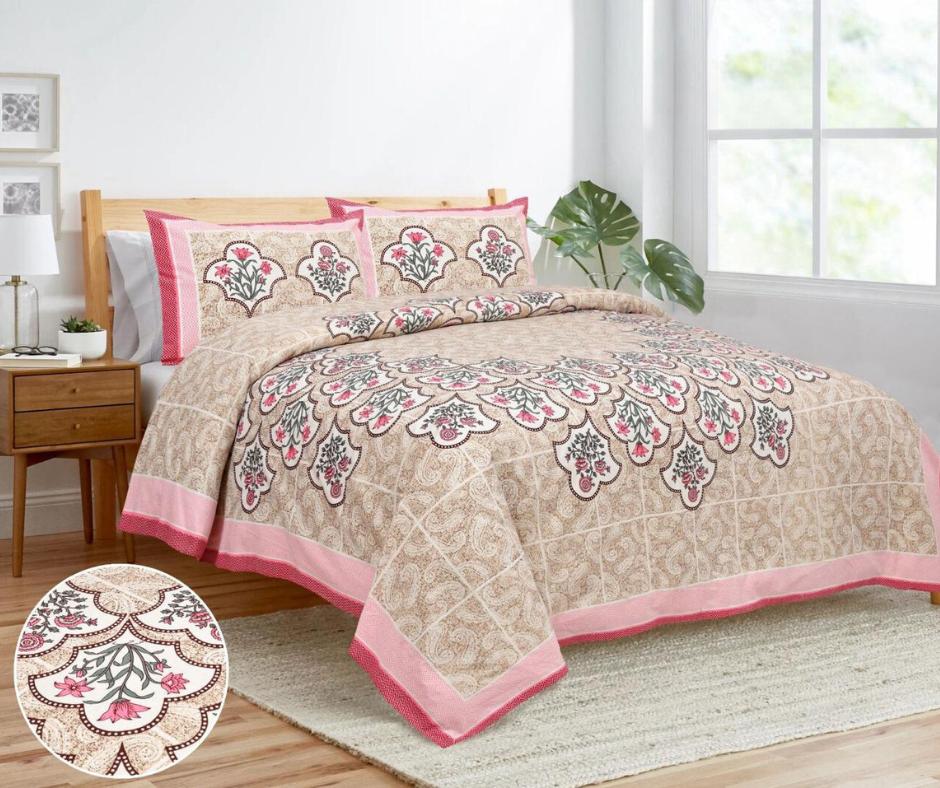 Nargis Puree Cotton Double Bedsheet - Centre design Pink