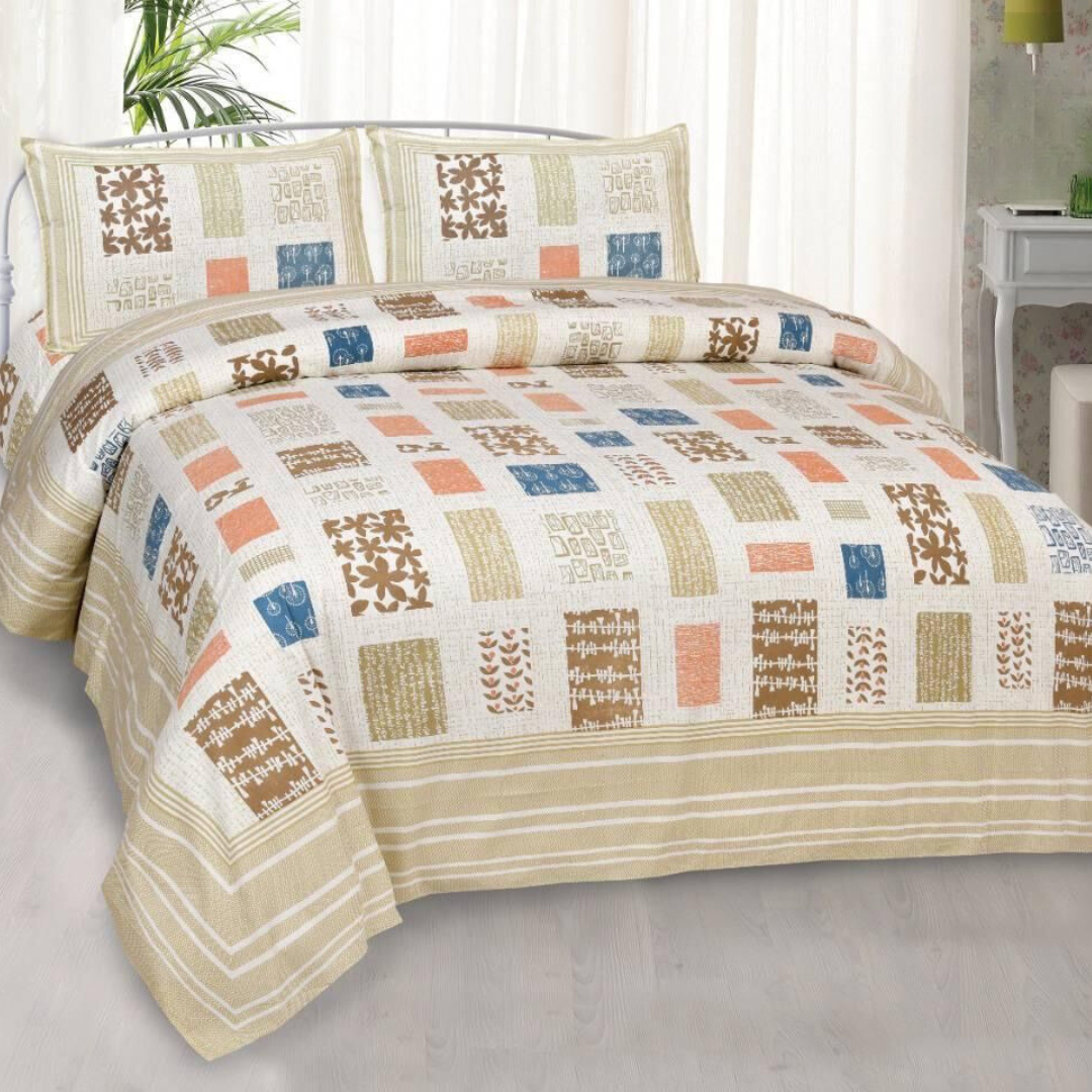 Patch Look Pure Cotton Double Bedsheet - Peach and Blue