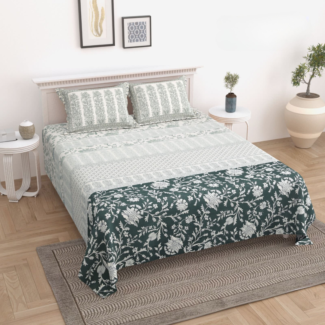 Foresta Pure Cotton Double Bedsheet- Green