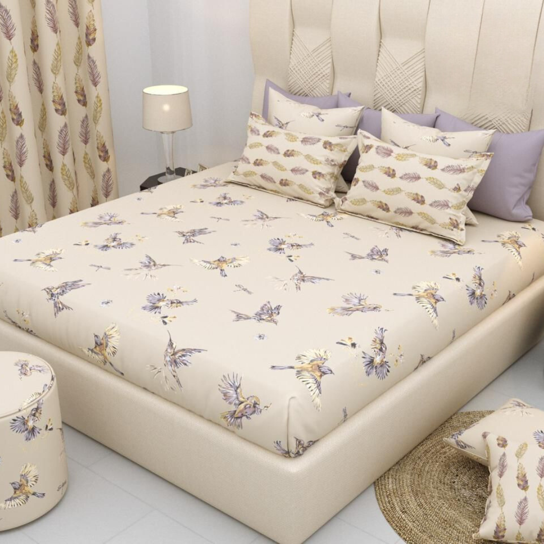 Romeo 100% Cotton Double Bedsheet King Size- Beige Robin