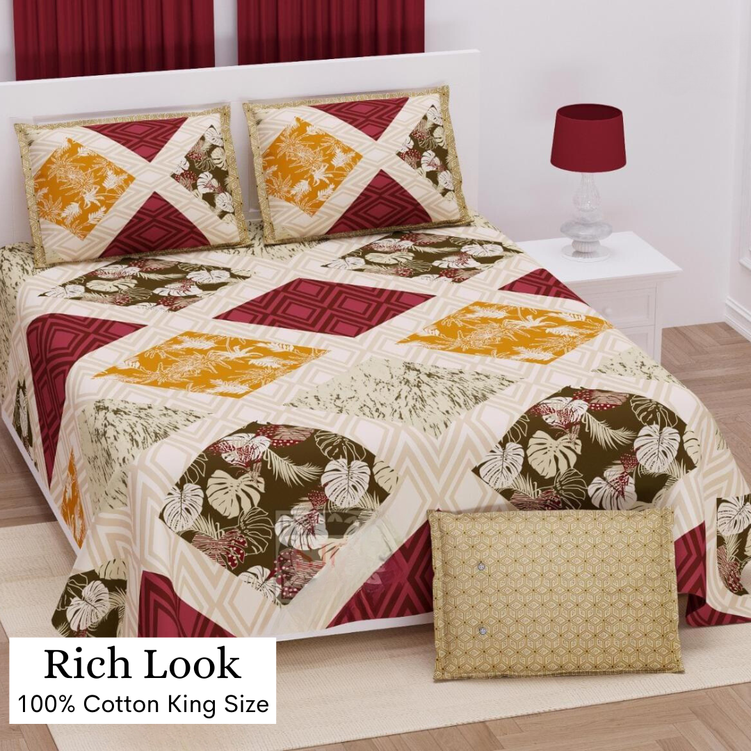 Rich Look Pure Cotton Double Bedsheet - Red Square