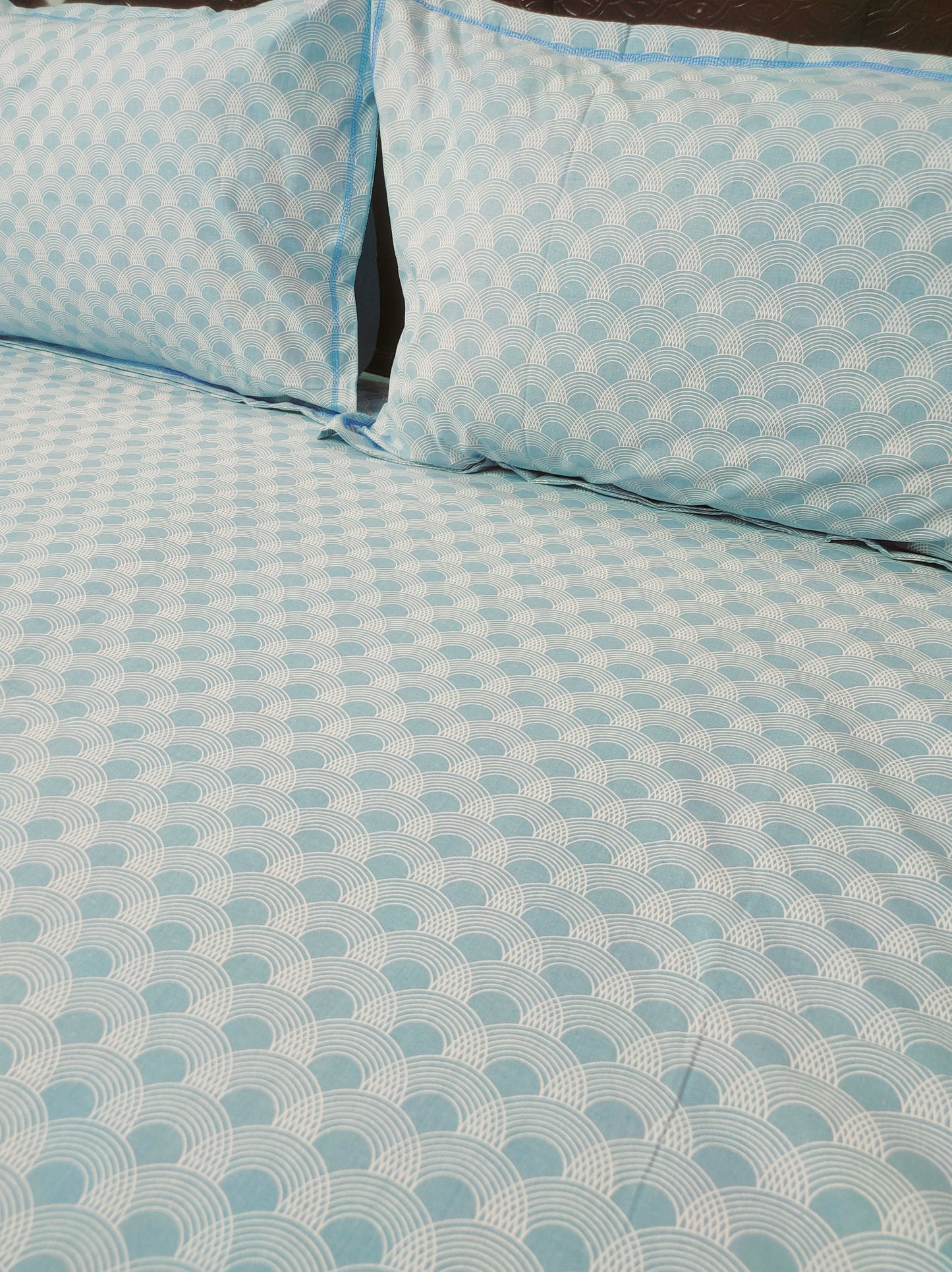 White Marble Pure Cotton Double Bedsheet King Size  - Blue