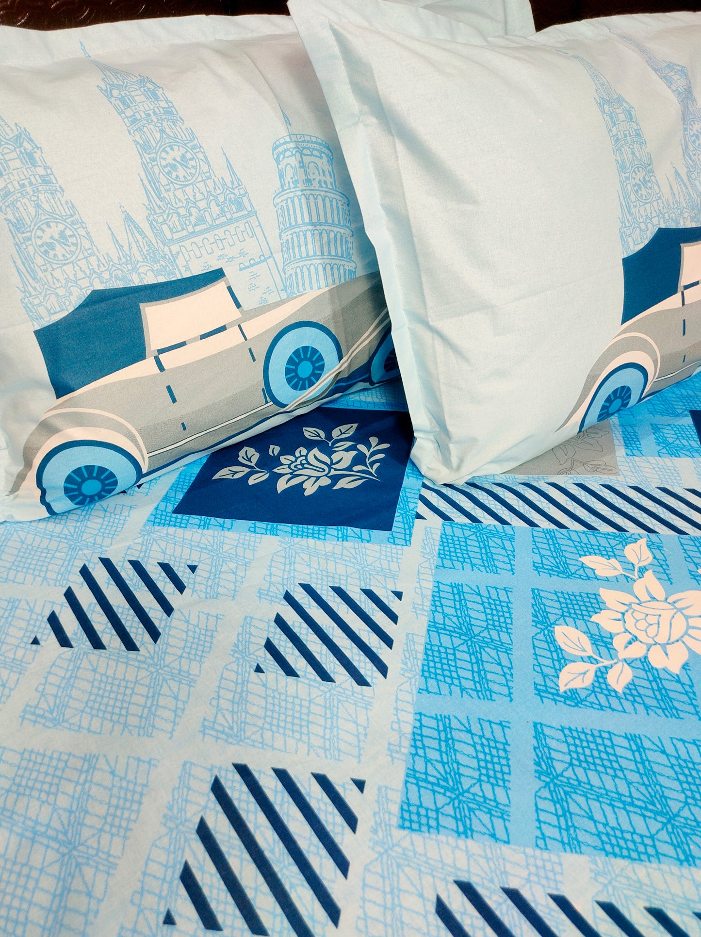 Toy Car Pure Cotton Double Bedsheet - Blue