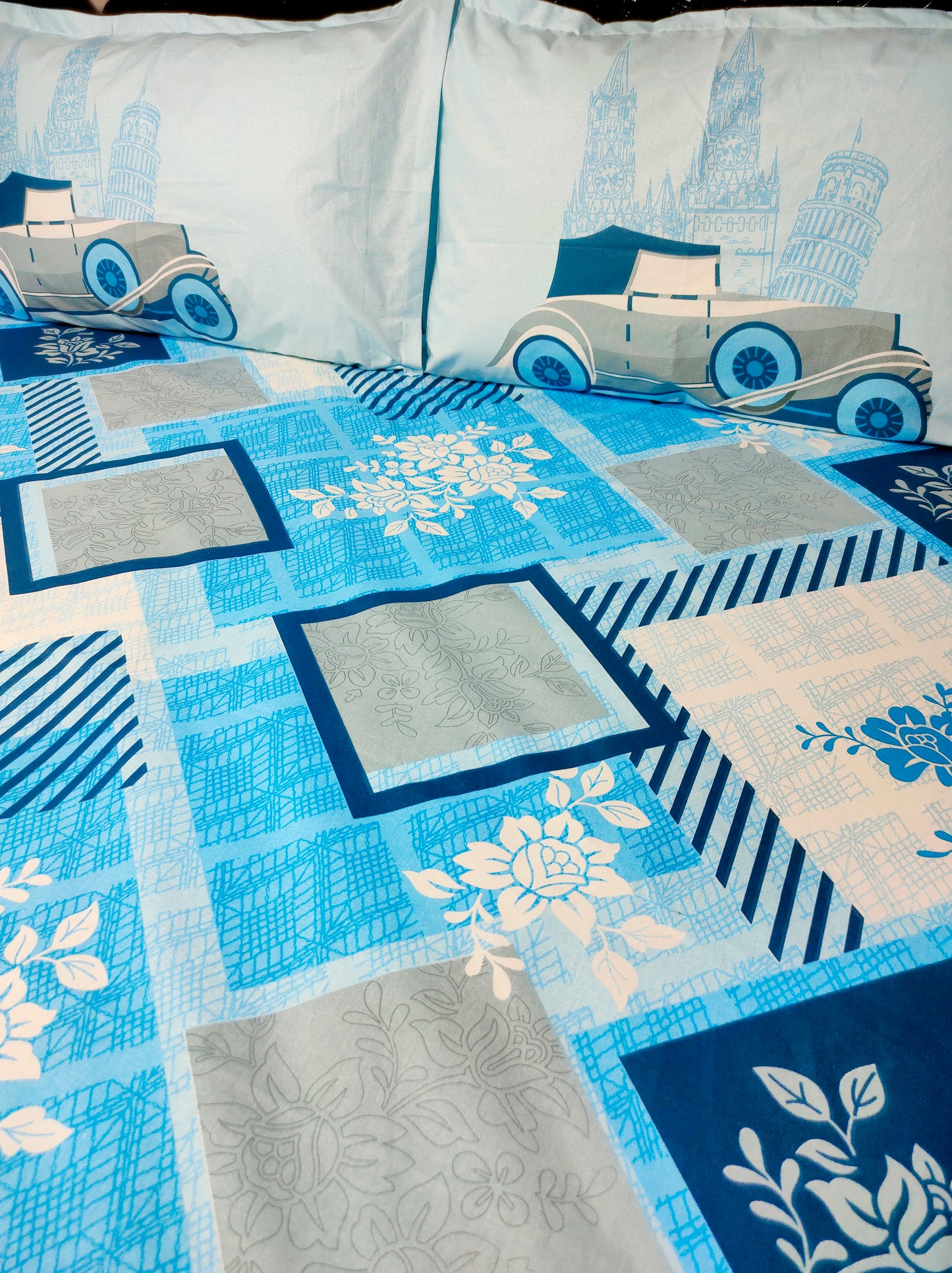 Toy Car Pure Cotton Double Bedsheet - Blue