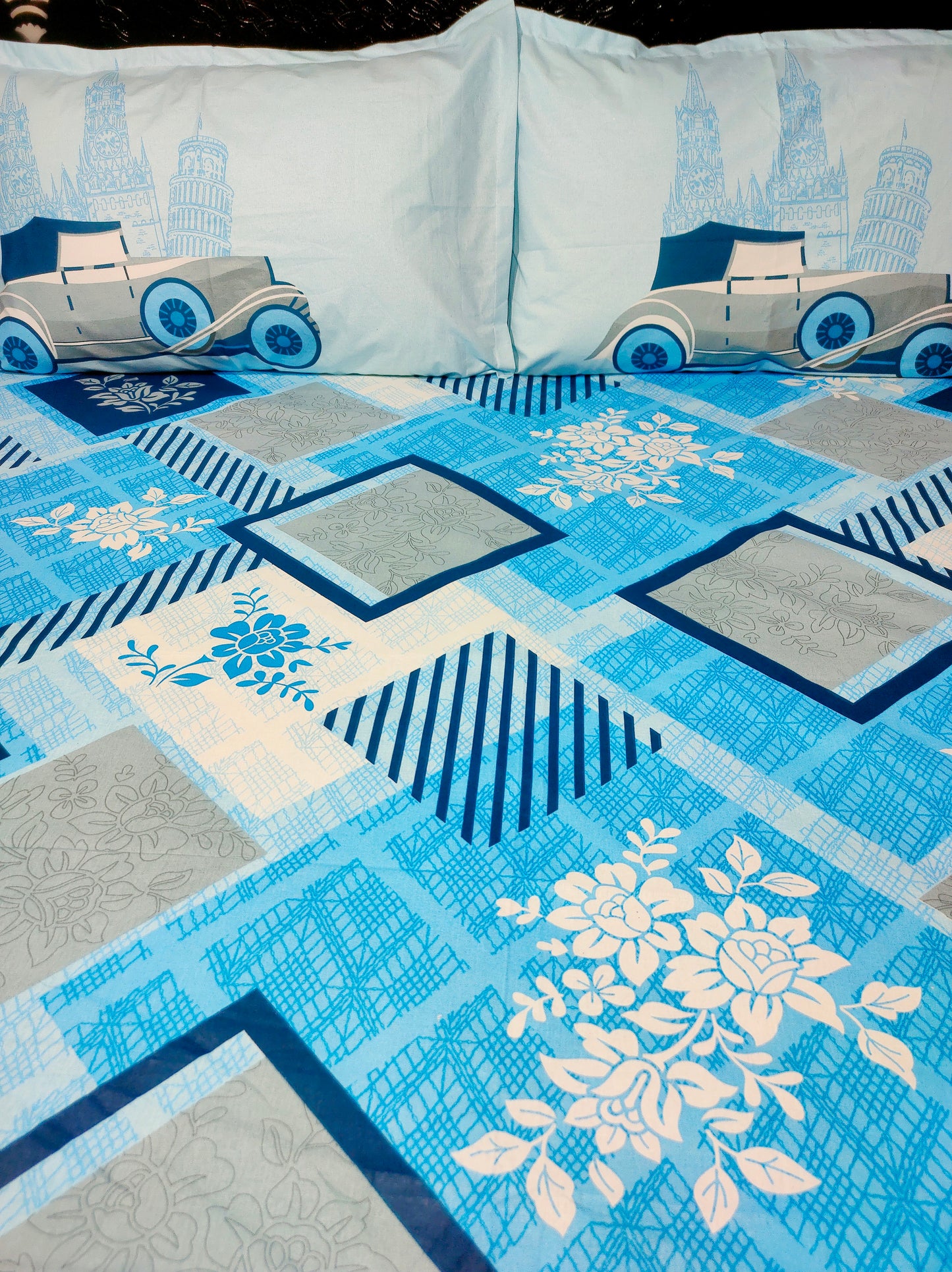 Toy Car Pure Cotton Double Bedsheet - Blue