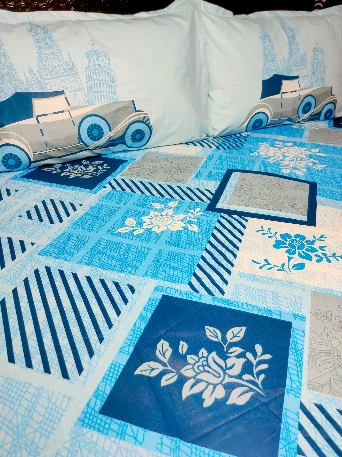 Toy Car Pure Cotton Double Bedsheet - Blue