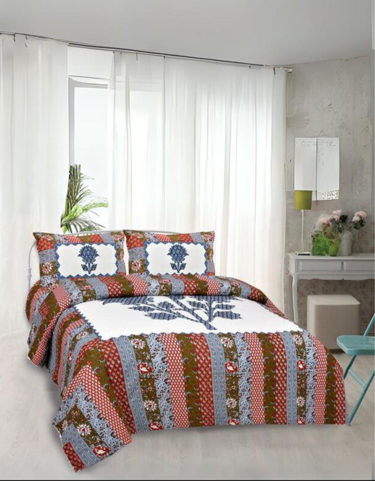 Satrangi Pure Cotton Sanganeri Print Double Bedsheet - Blue leaf