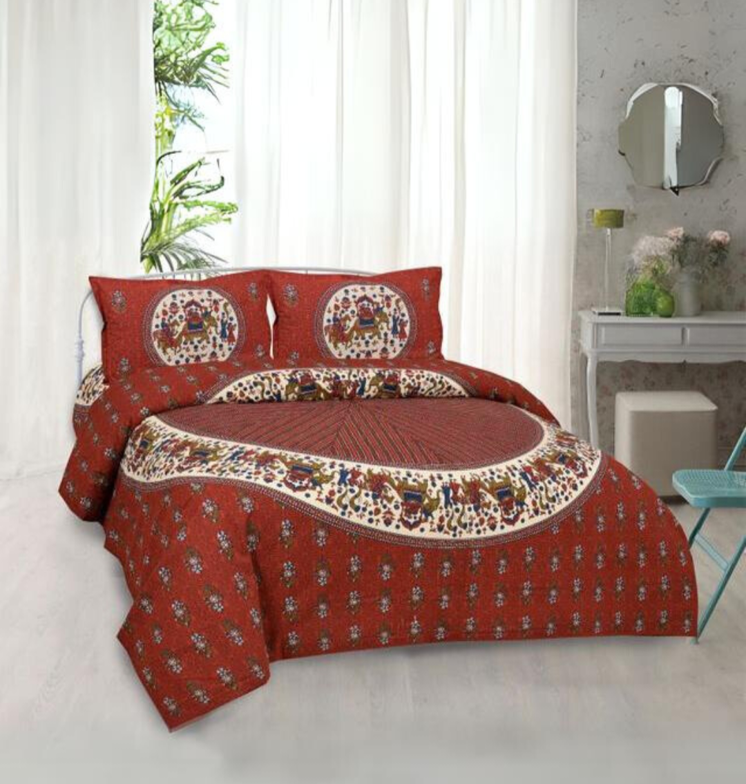 Satrangi Pure Cotton Sanganeri Print Double Bedsheet - Yellow Circle