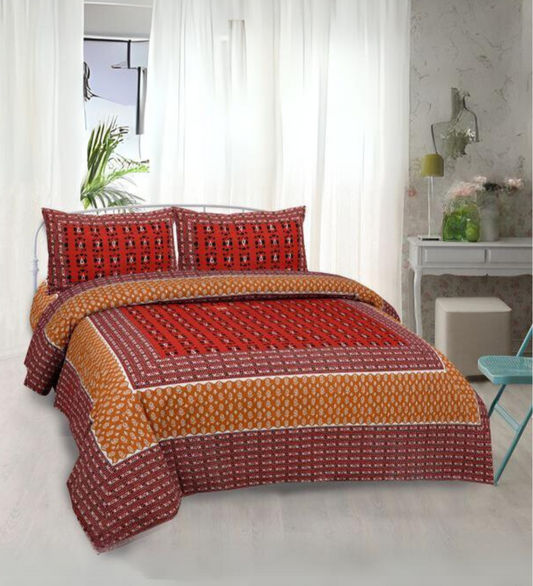 Satrangi Pure Cotton Sanganeri Print Double Bedsheet - Red Square