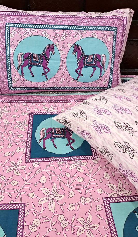 Palace Gold Horse Print Pure Cotton Double Bedsheet - Pink