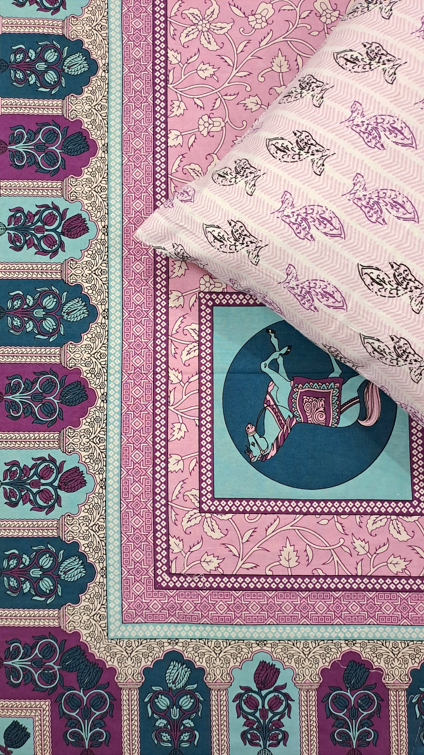 Palace Gold Horse Print Pure Cotton Double Bedsheet - Pink