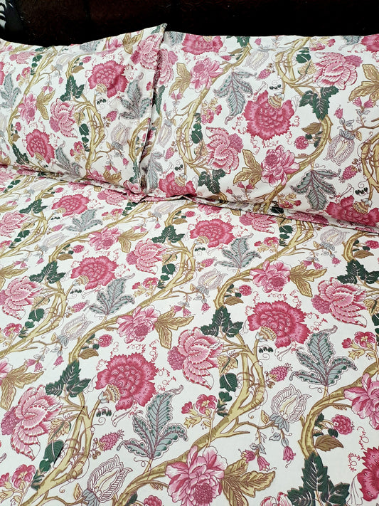 Rose garden pure cotton anokhi print double bedsheet- White