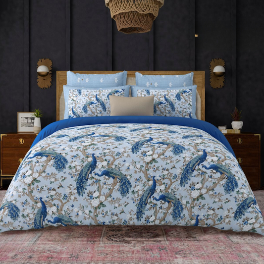 Spring Beauty 100% Cotton Twill Cotton Double Bedsheet King Size - Blue Peacock Dance