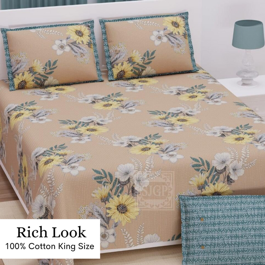 Rich Look Kantha Print Pure Cotton Double Bedsheet - Ivory