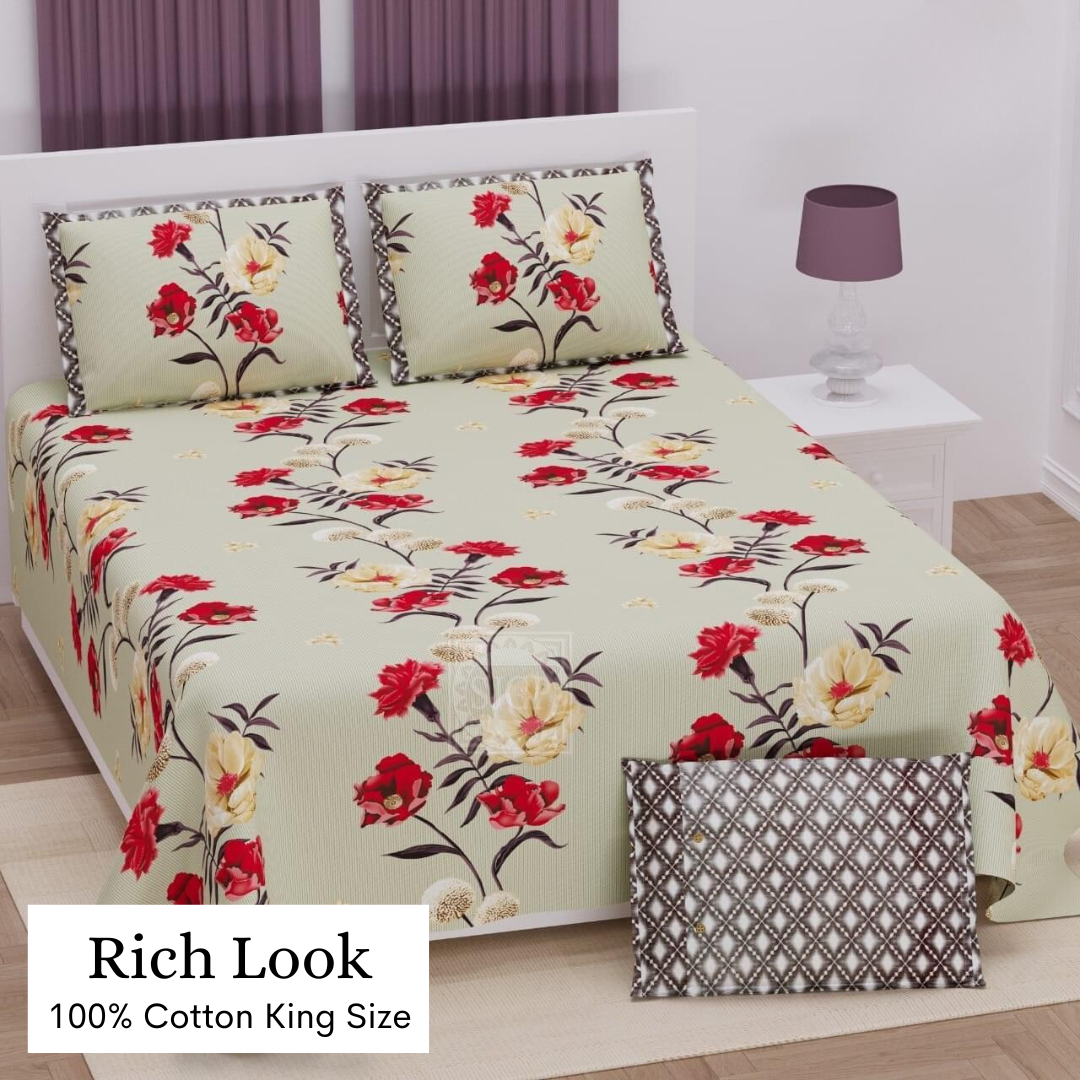 Rich look Floral Cotton Double Bedsheet - Off White