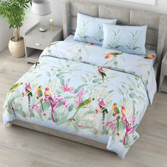 Diana Parakeet 100% Cotton Double Bedsheet King Size - Light Blue