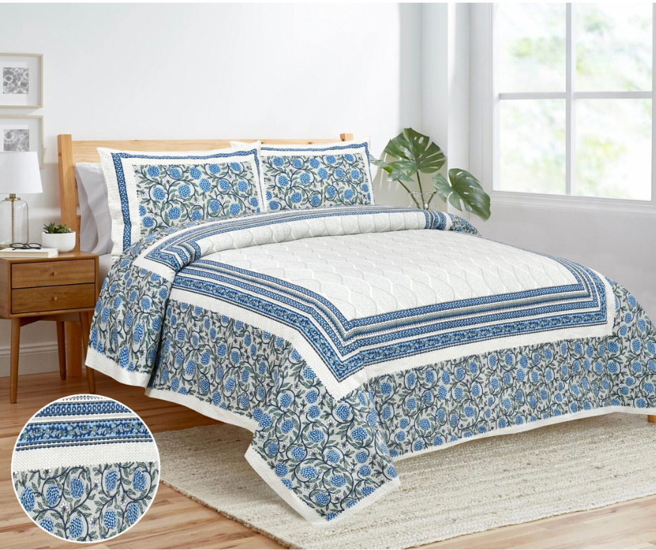 Gul Bagh Wavy Pure Cotton Double Bedsheet - Blue