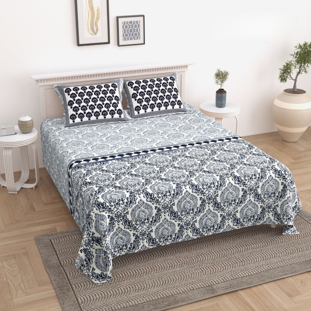 Crowny Block Pure Cotton Double Bedsheet - Blue