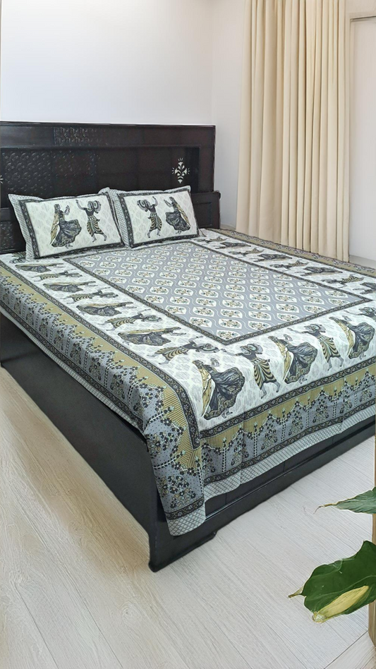 Gulabi Nagri Garba Pure Cotton Double Bedsheet - Blue